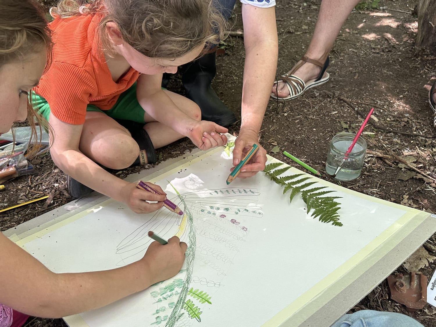 Trois enfants dessinent ensemble une fronde de fougère aux crayons de couleur