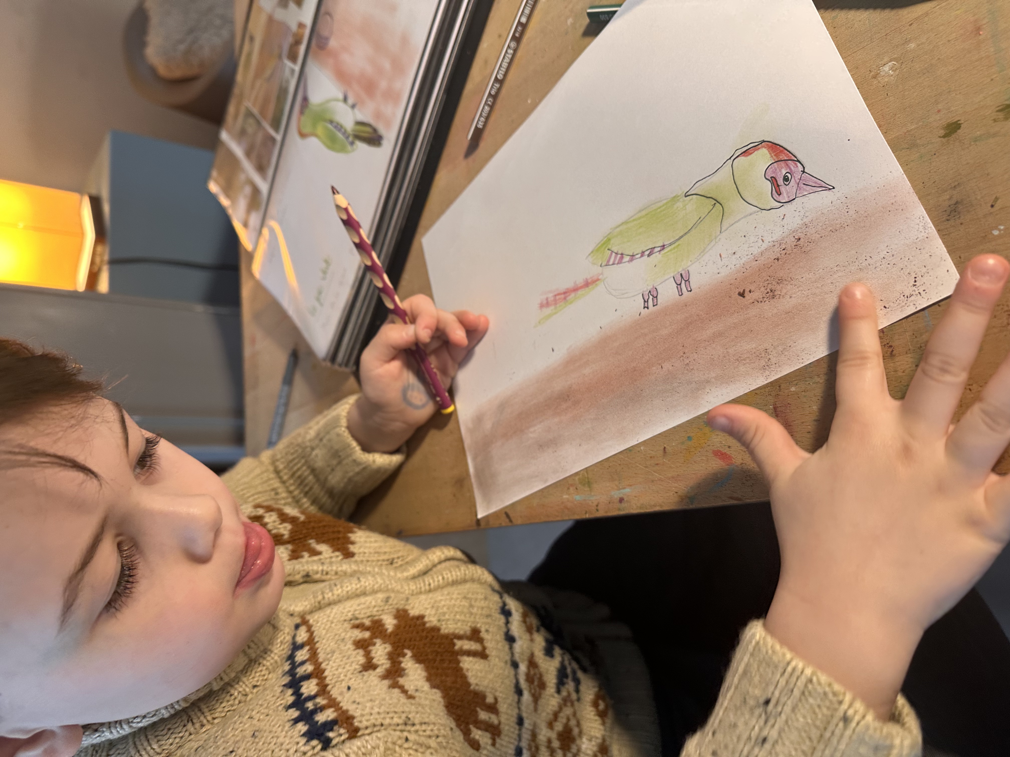 Dessin du Pic vert réalisé par Baptiste 5 ans avec la technique poudre de crayon