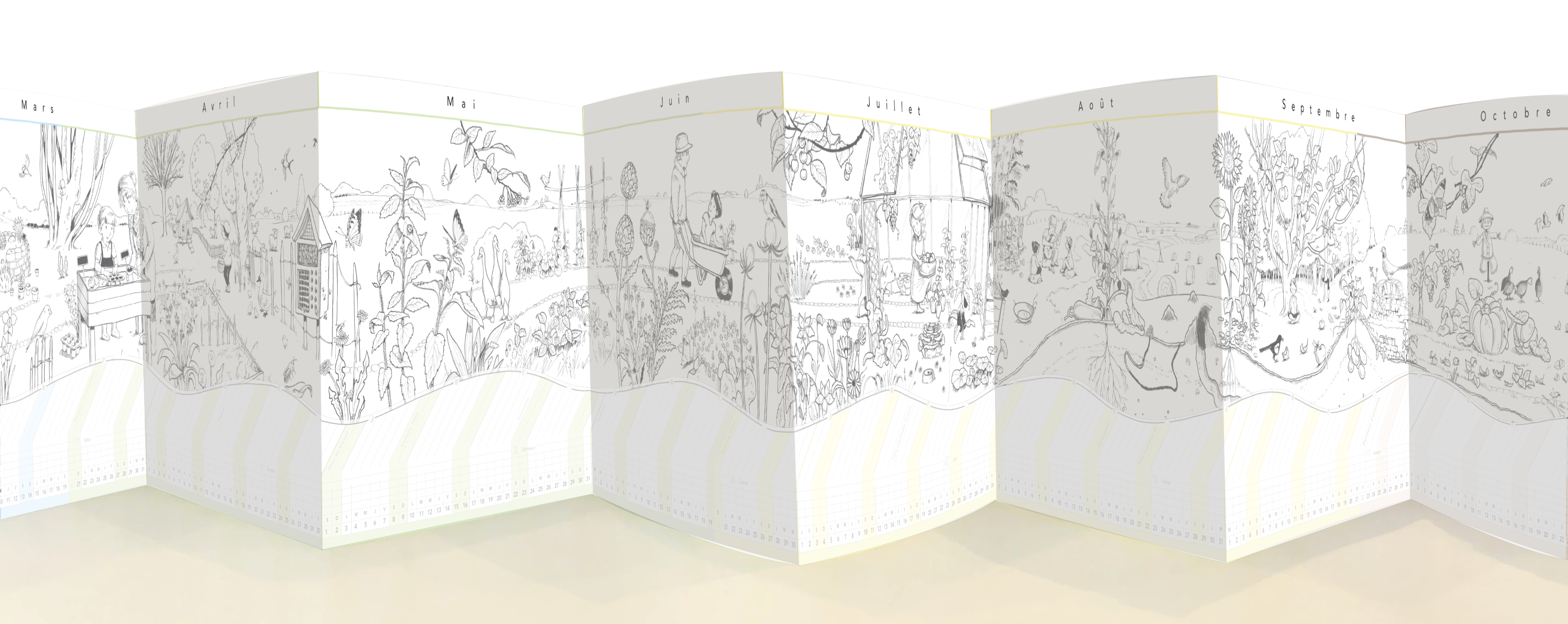 La partie supérieure illustrée du Calendrier Panoramique montrant la nature au fil des mois