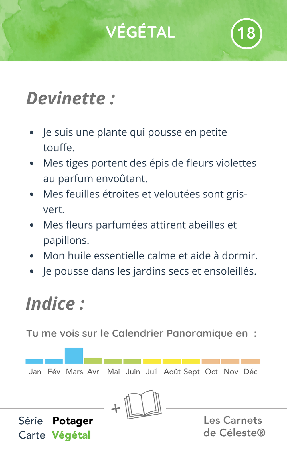 Verso de la carte Lavande vraie avec devinette et repère temporel