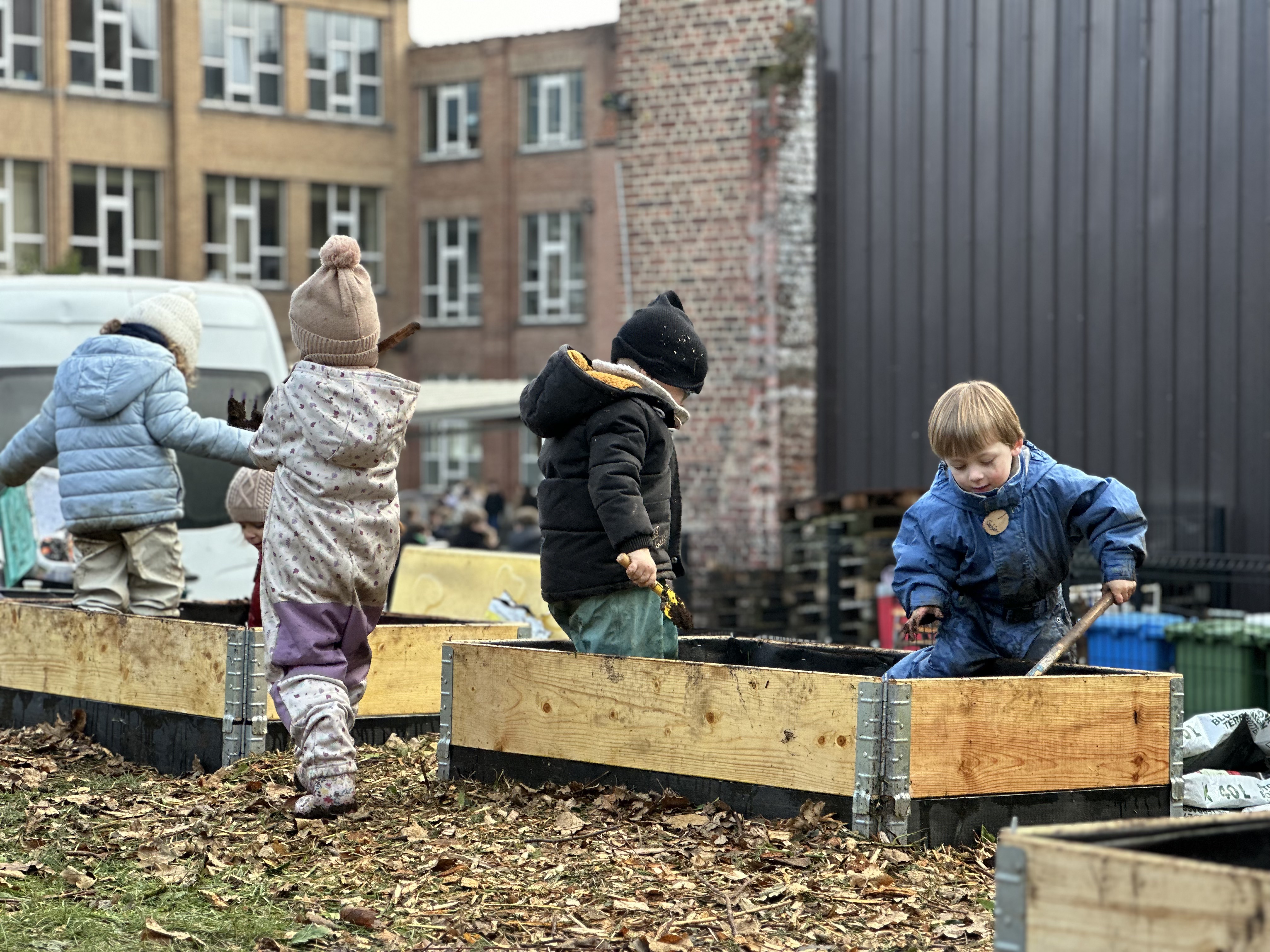 Élèves du CSM dans les carrés potagers installés dans la cour de l'école