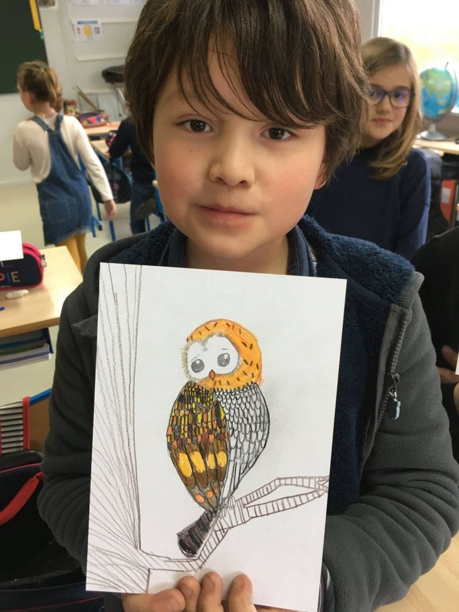 Atelier sur la Chouette hulotte réalisé en classe par Aucan, 8 ans