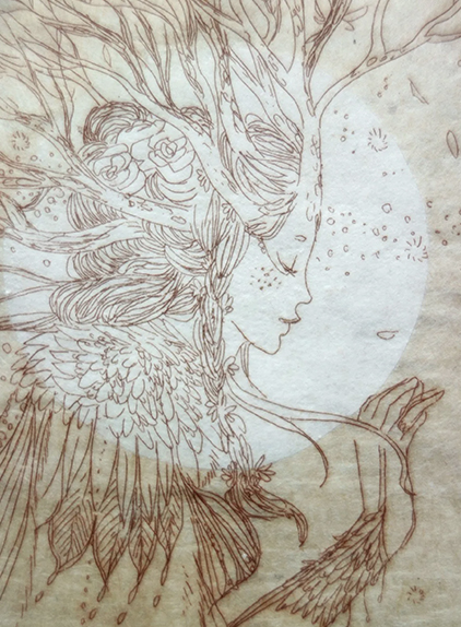 Gravure délicate d'Hélène — une femme de profil dont les cheveux deviennent des branches