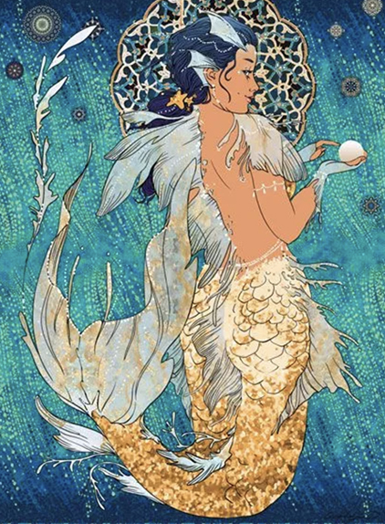 Illustration numérique d'Hélène — une sirène de profil dans les tons dorés sur fond bleu