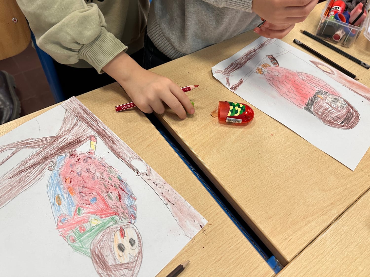 Dessin final de la Chouette hulotte réalisé par un enfant en couleurs