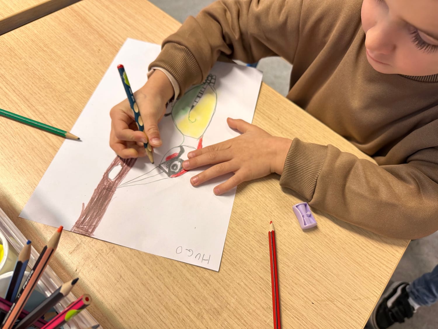 Dessin du Pic vert réalisé par Hugo en classe de CP