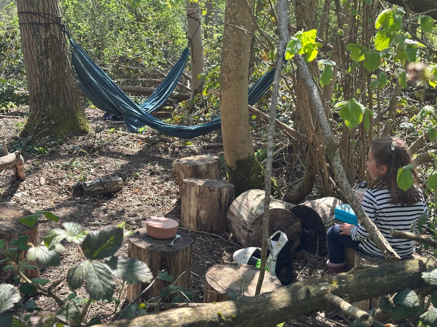 Espace aménagé en forêt pour les enfants avec hamacs et cabanes